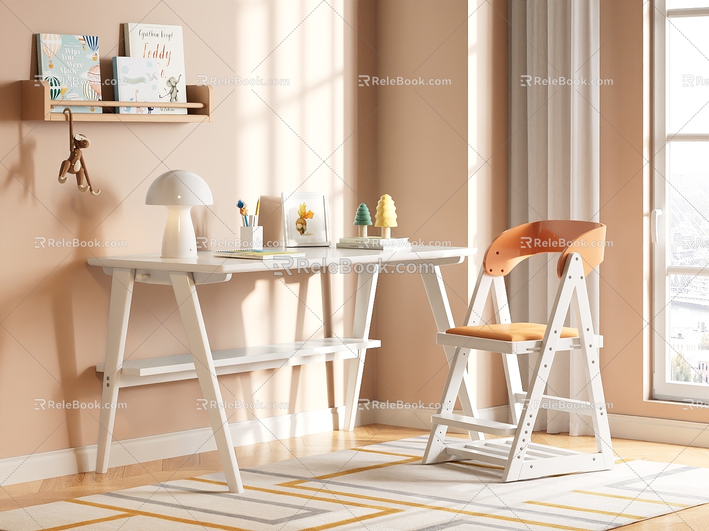 Simple Children's Study Table Cream Style Desk Chair Liftable Study Chair Carpet Children's Book Lamp model