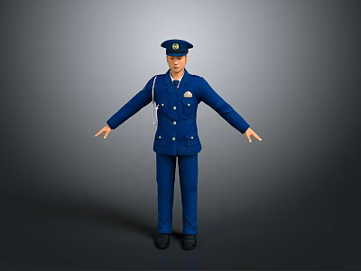 Game Movie Character In Blue Police Style Uniform With Hat And Open Arms 3d model