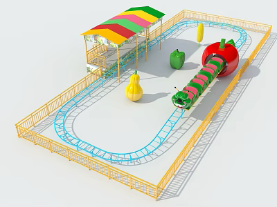 Colorful Kids Playground Equipment with Caterpillar Slide Fruit Decorations Blue Track and Yellow Fence 3d model