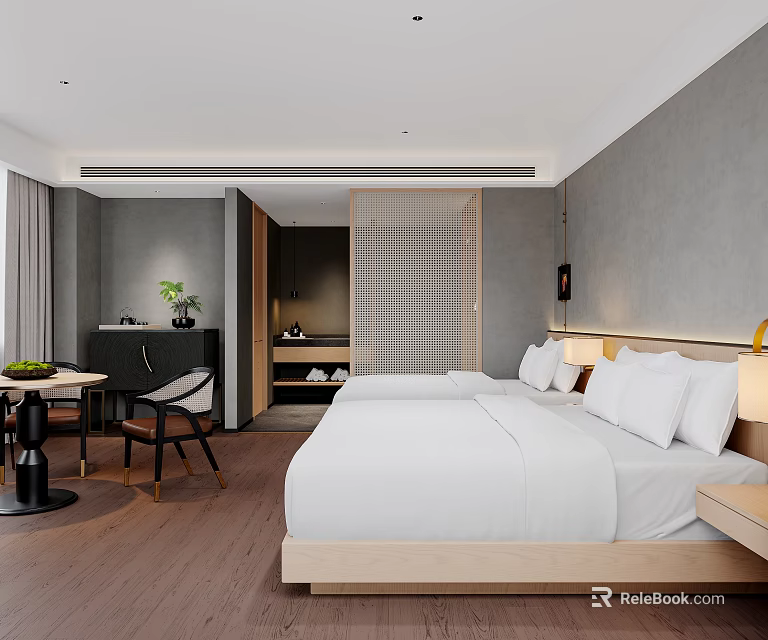 Contemporary Hotel Room Interior Featuring King Bed White Linens Gray Walls Wooden Flooring And Green Plant 3d model 