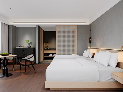 Contemporary Hotel Room Interior Featuring King Bed White Linens Gray Walls Wooden Flooring And Green Plant 3d model
