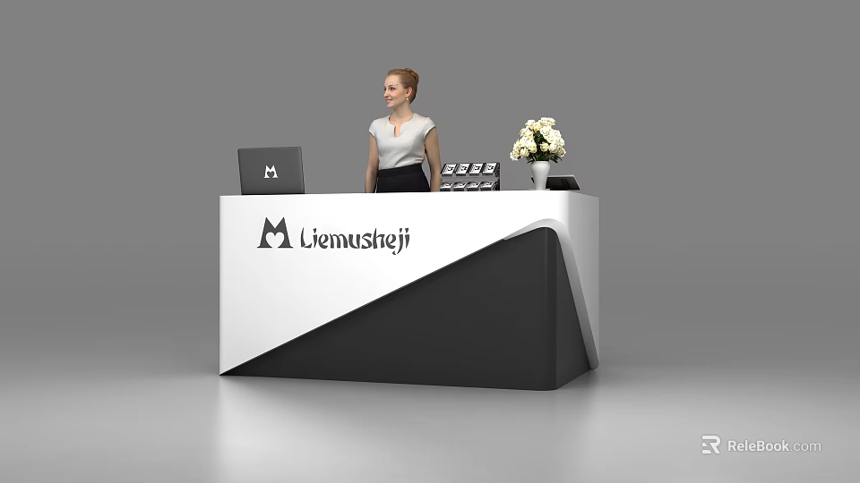 Modern Liemustej Reception Desk With Laptop White Flowers And Female Receptionist 3d model 