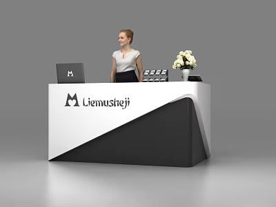 Modern Liemustej Reception Desk With Laptop White Flowers And Female Receptionist 3d model