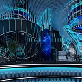 Futuristic KTV Interior Design With Blue Lighting Decorative Pillars And Reflective Floors