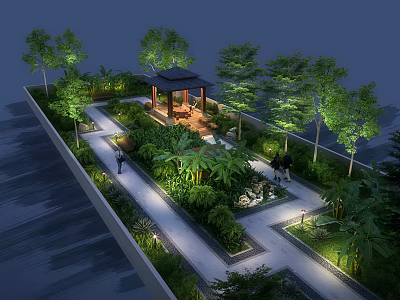 Rooftop Garden Design Featuring Lush Greenery Gazebo Pathways And Ambient Lighting 3d model