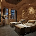 Cave Style SPA Sauna Room with Stone Walls Windows Loungers and Decorative Plants