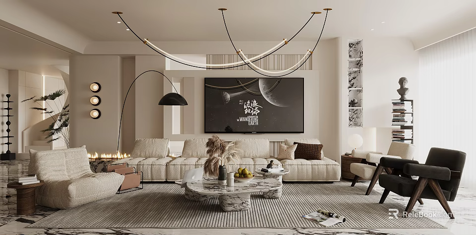 Modern Living Room Interior Design With Upholstered Sofa Marble Coffee Table And Abstract Wall Art 3d model 