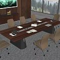 Modern Walnut Conference Table With Ergonomic Beige Chairs Bright Office Large Windows And Forest View