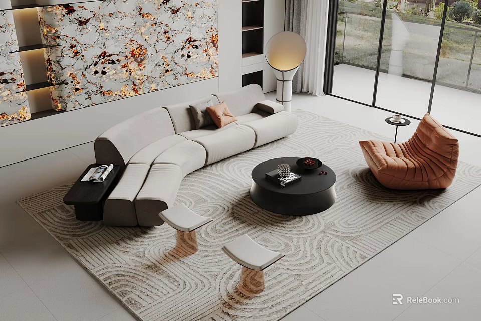 Modern Sectional Sofa With Round Coffee Table In Living Room Interior 3d model 