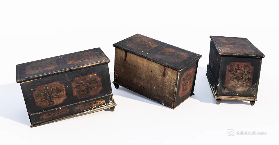 Three Vintage Wooden Trunks With Ornate Carved Designs And Antique Finish 3d model 