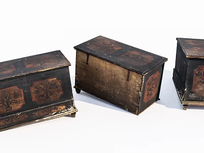 Three Vintage Wooden Trunks With Ornate Carved Designs And Antique Finish 3d model