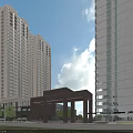 Residential Landscape With Tall Buildings Lush Greenery Garden Pavilion And Walkways