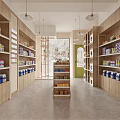 Modern Mall Store Interior With Wooden Shelves Bottled Products And Hanging Lights