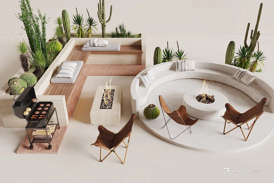 Modern Outdoor Sofa with Circular Fire Pit and Cozy Chairs Surrounded by Cacti Plants 3d model 