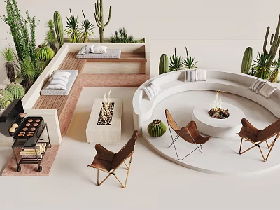 Modern Outdoor Sofa with Circular Fire Pit and Cozy Chairs Surrounded by Cacti Plants 3d model
