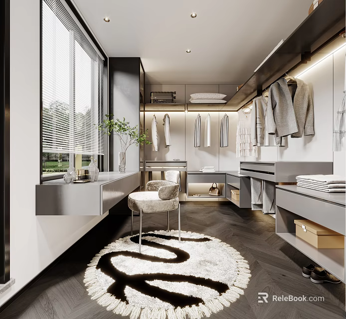 Modern Walk-in Closet Interior Design With Hanging Clothes Mirror Dressing Table And Faux Fur Rug 3d model 