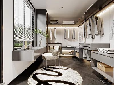 Modern Walk-in Closet Interior Design With Hanging Clothes Mirror Dressing Table And Faux Fur Rug 3d model