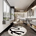 Modern Walk-in Closet Interior Design With Hanging Clothes Mirror Dressing Table And Faux Fur Rug
