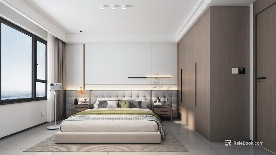 Modern Bedroom Interior With Bed Gray Green Pillows Wooden Wardrobes And White Wall 3d model 