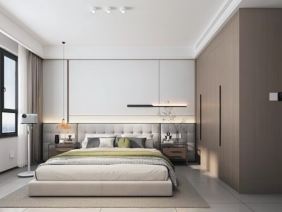 Modern Bedroom Interior With Bed Gray Green Pillows Wooden Wardrobes And White Wall 3d model