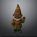 Colorful Gnome With Pointed Hat Patterned Outfit Holding Pizza And Waving Hand
