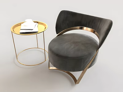 Modern Gray Sofa Chair and Gold Round Coffee Table Set with Books and Cup 3d model