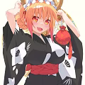 Mythical Game Anime Character In Black Kimono With Dragon Horns Green Tail And Blonde Hair