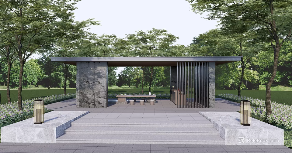 Outdoor Modern Pergola Design With Stone Columns Benches And Green Trees 3d model 