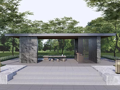 Outdoor Modern Pergola Design With Stone Columns Benches And Green Trees 3d model