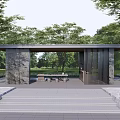 Outdoor Modern Pergola Design With Stone Columns Benches And Green Trees