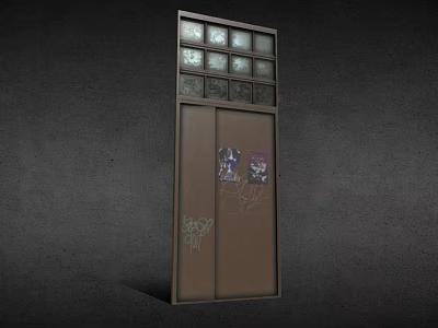 Brown Sliding Door With Glass Panels Stickers And Graffiti On Dark Wall 3d model