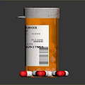 Orange Pill Bottle With White Label And Scattered Red White Capsules
