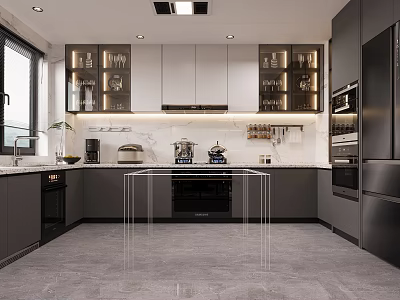 Modern Kitchen Interior With Gray Cabinets White Countertops And Glass Door Upper Cabinets 3d model