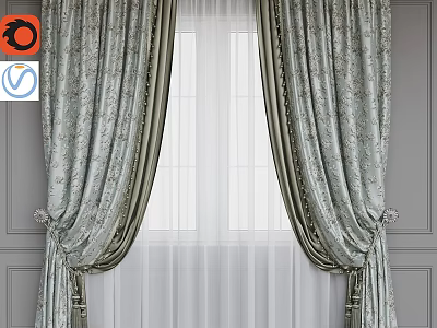 Elegant Patterned Curtains With Double Layer White Sheer And Gray Wall Background 3d model