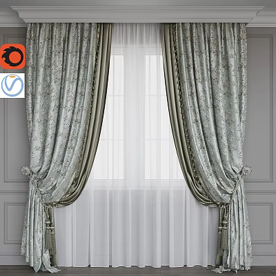 Elegant Patterned Curtains With Double Layer White Sheer And Gray Wall Background 3d model