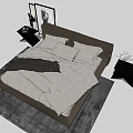 Modern Double Bed with White Bedding Dark Headboard and Side Tables on Gray Rug 3d model