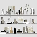 Neutral Tones Decorative Ornament Set on Shelves with Books Sculptures Vases Plants and Frames