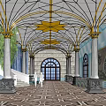 Elegant Hotel Lobby With Golden Ceiling Marble Columns Arched Windows And Patterned Floor 3d model
