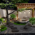 Tranquil Courtyard Garden With Stone Pathway Green Plants Water Feature And Wooden Pergola