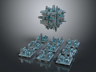 Cartoon Scene With Floating Cube Structure And Small Model Units In Blue Gray Tone 3d model