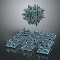 Cartoon Scene With Floating Cube Structure And Small Model Units In Blue Gray Tone 3d model