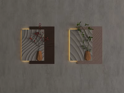 Modern Wall Decor with Wavy Texture Vases Green Plants and Lighting 3d model