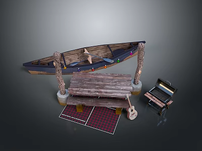 Rustic Outdoor Leisure Setup With Wooden Canoe Table Bench Rug Guitar And Trunk 3d model