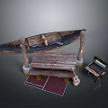 Rustic Outdoor Leisure Setup With Wooden Canoe Table Bench Rug Guitar And Trunk