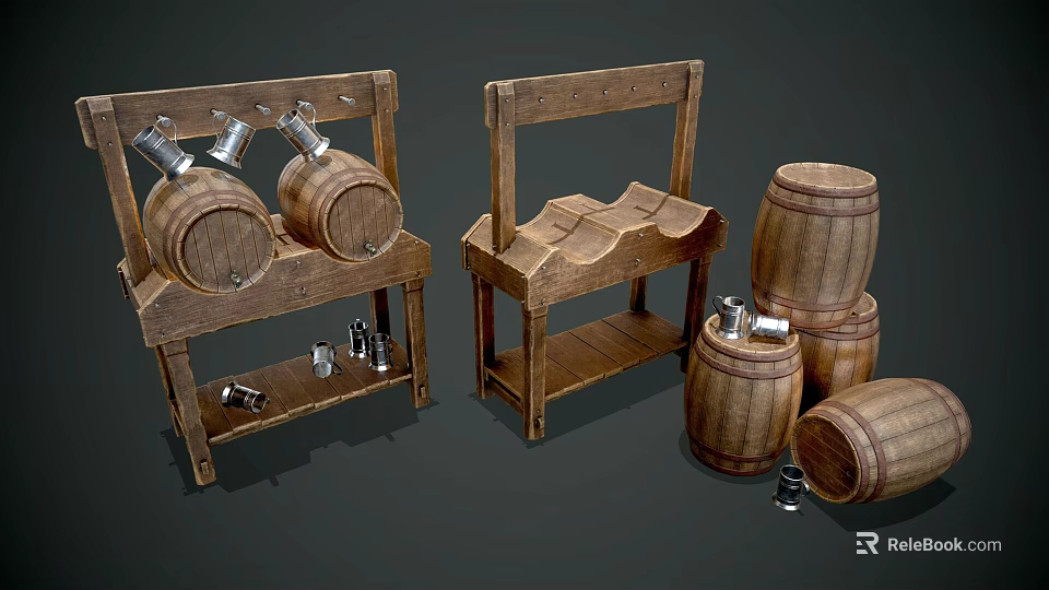 Vintage Rustic Wooden Furniture With Barrel Stands And Metal Fittings 3d model 