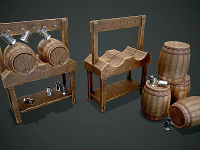 Vintage Rustic Wooden Furniture With Barrel Stands And Metal Fittings 3d model