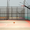 Indoor Double Basketball Courts with Purple Red Flooring Hoops and Lighting Fixtures