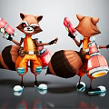 Anthropomorphic Raccoon Characters Standing With Red Cannons And Orange Blue Outfits