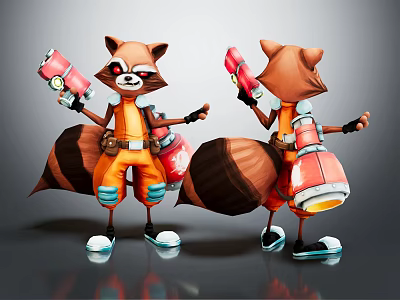 Anthropomorphic Raccoon Characters Standing With Red Cannons And Orange Blue Outfits 3d model