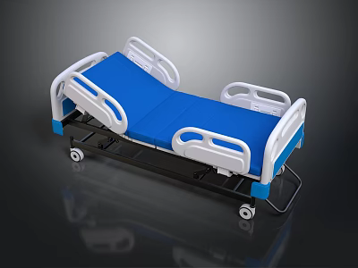 Adjustable Medical Bed With Blue Mattress White Rails And Mobile Wheels 3d model